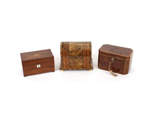 A Victorian burr walnut and chequer-banded two compartment tea caddy; a rosewood and conch shell similar; and a walnut and bo