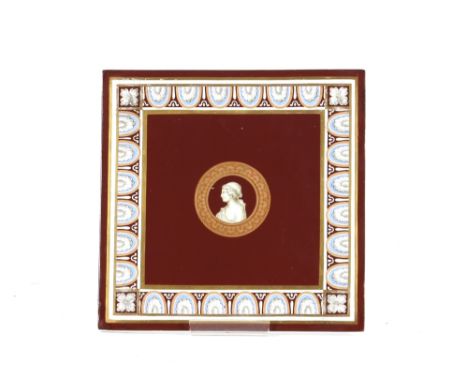 A large Copeland porcelain tile, having central portrait decoration within leaf border, 23cm x 23cm