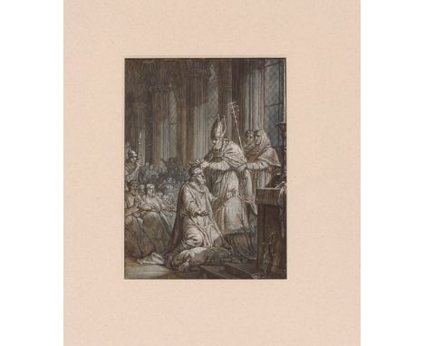 Flemish school, after the Old Master, study of Coronation of a King with Arch Bishop and assembled dignitaries, unsigned wate
