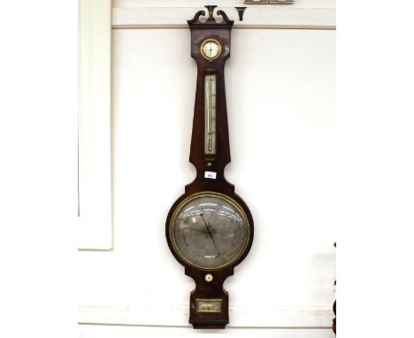 A 19th Century mahogany cased banjo wheel barometer, having silvered dials beneath a scroll arch pediment, 110cm