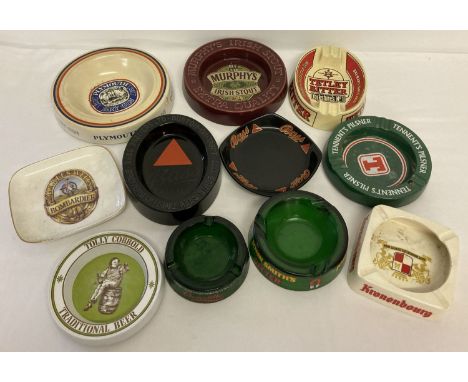 A collection of assorted vintage brewery advertising ashtrays, to include ceramic and glass.  Lot includes: Murphy's Irish St