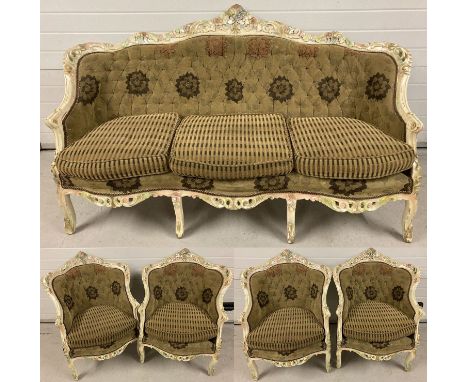 A vintage 5 piece sofa set with painted wooden frames and brown velvet upholstery.  Comprising 4 chairs and a 3 seater sofa. 