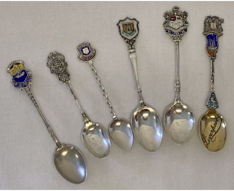 6 vintage silver collectors spoons with county and town shields, some with enamel detail.  All hallmarked to back of stem or 