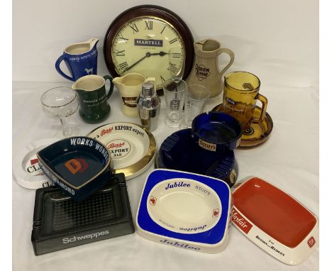 A collection of ceramic and glass breweriana.  To include: Martell Cognac clock, White Horse Whiskey water jug, Double Diamon