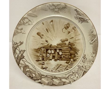A WWI Grimwades Winton ceramic Bruce Bairnsfather "Old Bill" 10" wall plaque.  Entitled "Where Did that one go to?", in brown