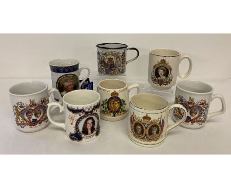 A collection of 8 Royal commemorative mugs. To include George V silver jubilee enamel mug.  Lot also includes George VI coron