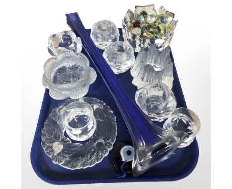 A group of Scandinavian glass ware including Costa Boda textured glass tea light holders, long stemmed blue art glass vase, a