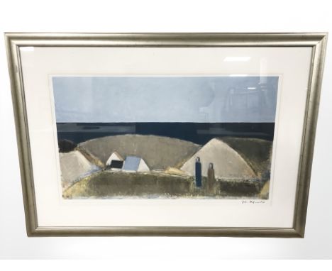 After John Hofmeister : Figures on a hillside with houses below, colour lithograph, 38 cm x 64 cm.
