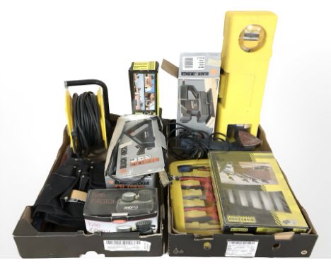 Assorted power tools and tool sets, tire inflator, extension reel, electrical tool set, etc. (2 boxes)