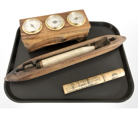 A combination barometer/thermometer/hygrometer, mounted on hardwood block, a weaving shuttle and a Mauchline Ware cylindrical