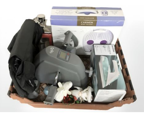 A boxed foot massager, iron, a pedal exerciser, contemporary lantern, etc. (1 box)