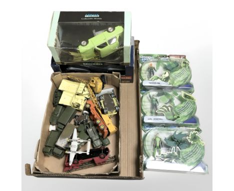 A group of play worn die cast vehicles including Dinky, military vehicles, three Mattel Green Lantern figurines, 1/18th scale