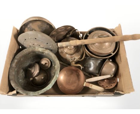 Assorted copper wares including tea pot, chestnut roasting dish, planter, pans, etc. (1 box)