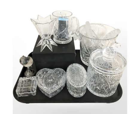 A Stuart crystal tankard, boxed, further glass lidded trinket boxes, wine cooler, small globe, etc.