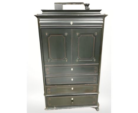 An early 20th century continental painted pine drinks cabinet fitted drawers beneath, 106 cm x 48 cm x 175 cm (as found)  
