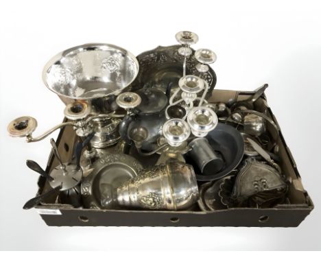 EPNS candelabra, pedestal bowl, cutlery, pewter wares, etc. (1 box)