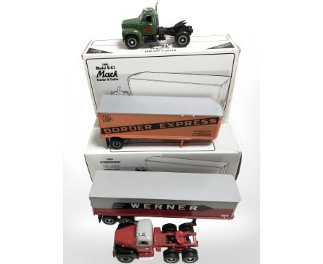 A First Gear 1960 model B-61 mach tractor and trailer, 1/34 scale, and another 1959 International RF-200 tractor with 35' tra