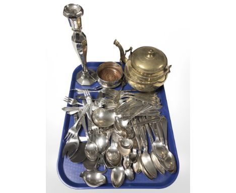 A quantity of loose stainless steel cutlery, silver plated candlestick, bottle coaster etc 