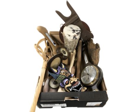 A group of barometers and treen, hide covered drum, eastern decorative mask, carpet beater, etc. (1 box)