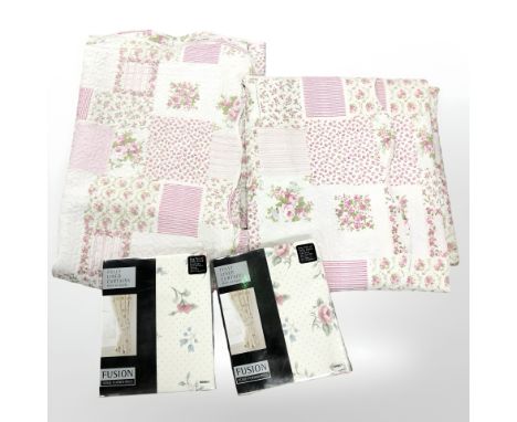 Two floral quilts and two new pairs of Fusion Home Furnishings curtains, 66 cm x 72 cm. (1 box)
