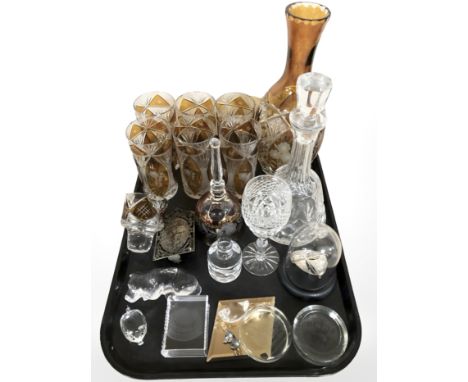 A clear and amber flash cut glass vase and six matching high ball glasses, white metal model of a yacht under dome, glass pap