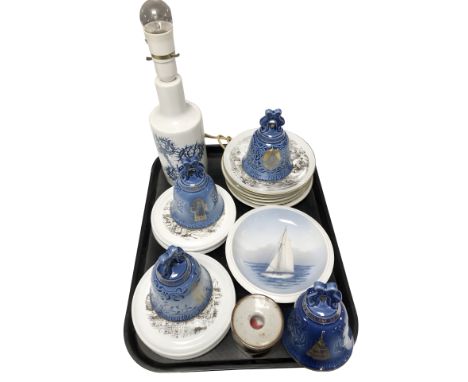 A Royal Copenhagen porcelain lamp base, Bing & Grondahl bells, collectors plates, etc.