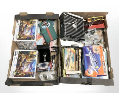 A group of jigsaw puzzles, Airfix and matchbox die cast models, model engine components, military buttons, gents wristwatches