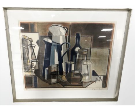 20th Century Continental School : Still life of jugs and bottles, colour lithograph, numbered 38 of 265, indistinctly signed 