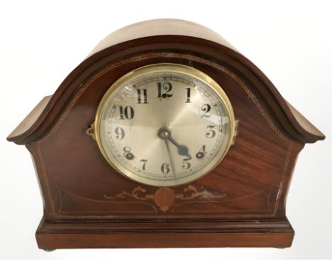 An Edwardian mahogany and satinwood inlaid eight day mantle clock, width 34 cm.