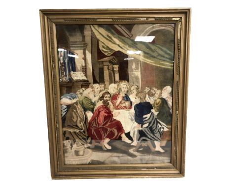 A gilt framed tapestry depicting Christ and the twelve disciples, overall 80 cm x 65 cm.