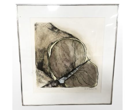 After B Kaalund : Knife cutting through meat, colour lithograph numbered 12 of 50, signed and dated 1980, 45 cm x 40 cm.