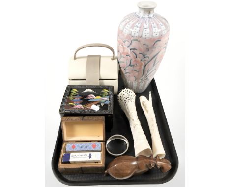 A Chinese porcelain vase, a Japanese lacquered jewellery box, plus another modern example, two oriental bone carvings, hardwo
