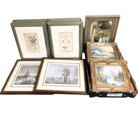 A collection of contemporary gilt framed oil paintings, botanical colour prints, etc. (2 boxes)