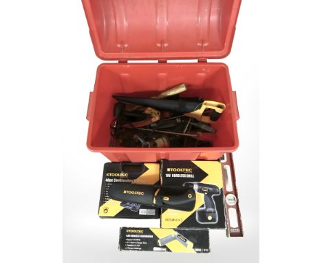 A plastic tool box containing Tooltech cordless drill, cordless screwdriver and forty eight piece combination drill set, furt