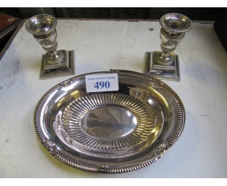  Sale Item:    SILVER PLATED BON BON DISH & 2 CANDLESTICKS  Vat Status:   No Vat   Buyers Premium:  This lot is subject to a 