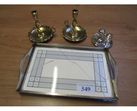  Sale Item:    TRAY BRASS CANDLESTICKS & CONDIMENTS  Vat Status:   No Vat   Buyers Premium:  This lot is subject to a Buyers 