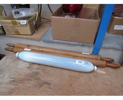  Sale Item:    GLASS & 2 WOODEN ROLLING PINS (AF)  Vat Status:   No Vat   Buyers Premium:  This lot is subject to a Buyers Pr