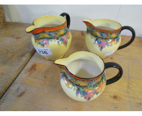  Sale Item:    SET 3 H K TUNSTALL FLORADORA JUGS  Vat Status:   No Vat   Buyers Premium:  This lot is subject to a Buyers Pre