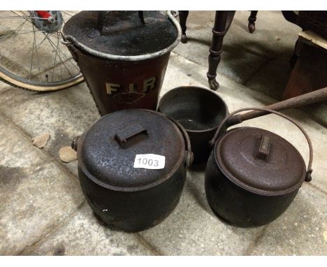  Sale Item:    CAST POTS & FIRE BUCKET (AF)   Vat Status:   No Vat   Buyers Premium:  This lot is subject to a Buyers Premium