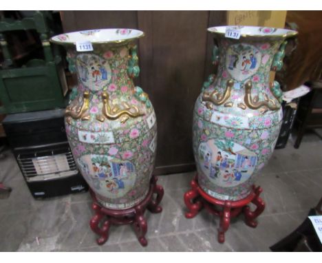  Sale Item:    PAIR REPRO CHINESE VASES & STANDS  Vat Status:   No Vat   Buyers Premium:  This lot is subject to a Buyers Pre