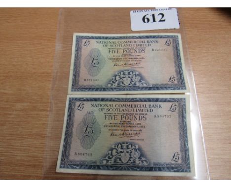  Sale Item:    2 X £5 NOTES-NATIONAL COMMERCIAL BANK SCOTLAND LTD 1963  Vat Status:   No Vat   Buyers Premium:  This lot is s