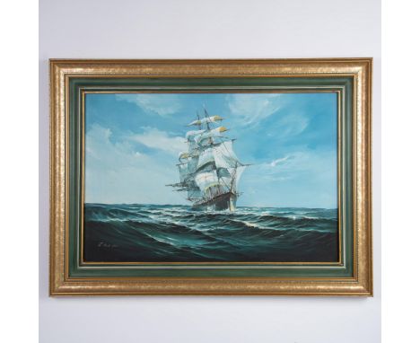 Large original oil on canvas featuring a clipper in full sail on the open sea. Made in a Realist style, the painter used rang