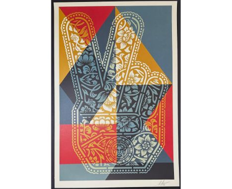 Offset Lithograph on cream Speckletone paper titled Peace Fingers Geometric Year 2024 signed lower right not numbered. Note: 