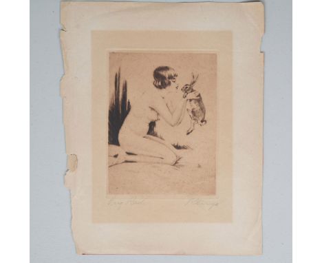 Beautiful and interesting etching print on paper of a nude woman with a cropped haircut holding a hare. Illegible handwritten