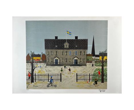 Lithograph titled Magnus on His Way To School Signed lower right numbered 266/285. Sight size 29.5" x 20.5"Condition: Age rel