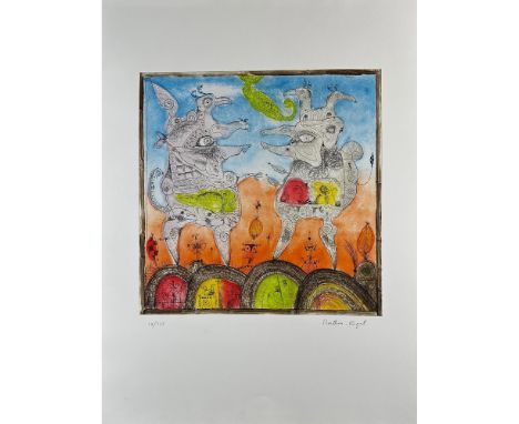 Etching titled Les Tiraillas. Signed lower right numbered 10/125. Year 1990 Sight size 22" x 29.5"Condition: Age related wear