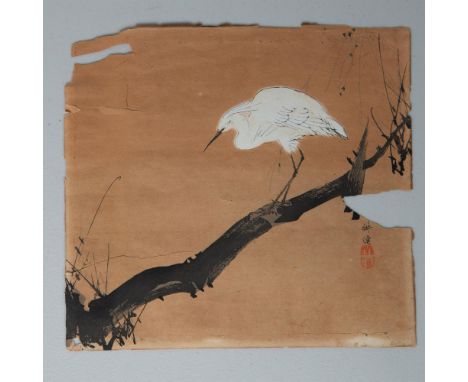 Antique woodblock print on paper. Print depicts a heron perched upon a branch. Heron is colored white in what appears to be g