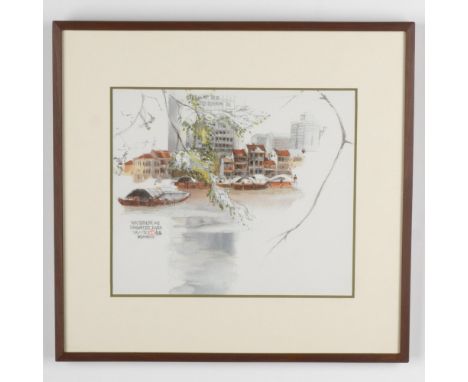 Original color lithograph on paper entitled Singapore River after a watercolor and gouache by Soon Kam Kam, one of Singapore'