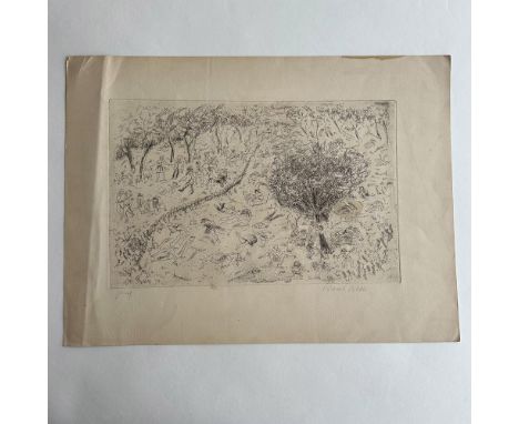 Original etching on paper by American artist and printmaker Michael Biddle who depicts a multitude of individuals in a park w