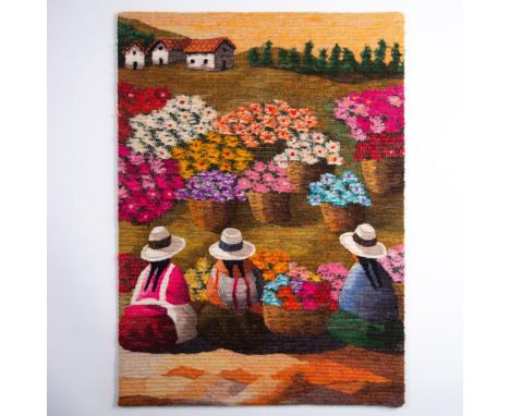 Large original Peruvian handwoven tapestry wall hanging made with thick threads of vibrant hand dyed wool. It depicts a group